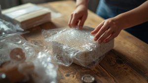 proses packing barang pecah belah dengan bubble wrap