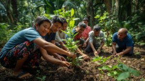 masyarakat desa menanam pohon di area hutan untuk mencegah deforestasi di Indonesia