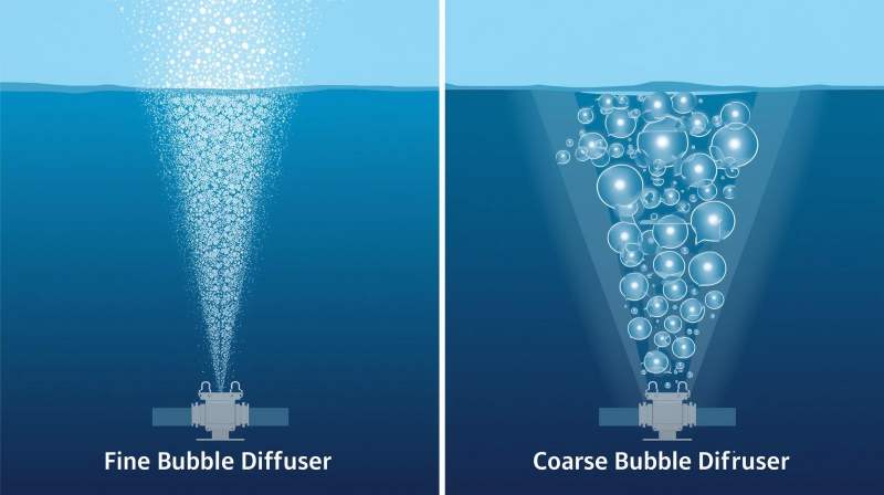 Perbandingan visual gelembung Fine Bubble Diffuser dan Coarse Bubble Diffuser di dalam air.