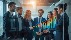 Ilustrasi tim profesional sedang berdiskusi menganalisis data untuk meningkatkan efisiensi proses bisnis menggunakan metode Lean Six Sigma.