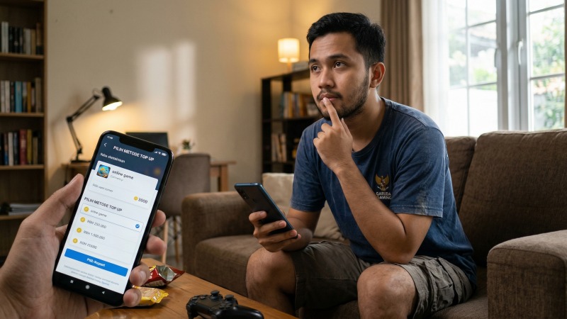 Seorang gamer pria asal Indonesia sedang memegang smartphone dan berpikir sejenak sebelum memutuskan untuk melakukan top up game online.