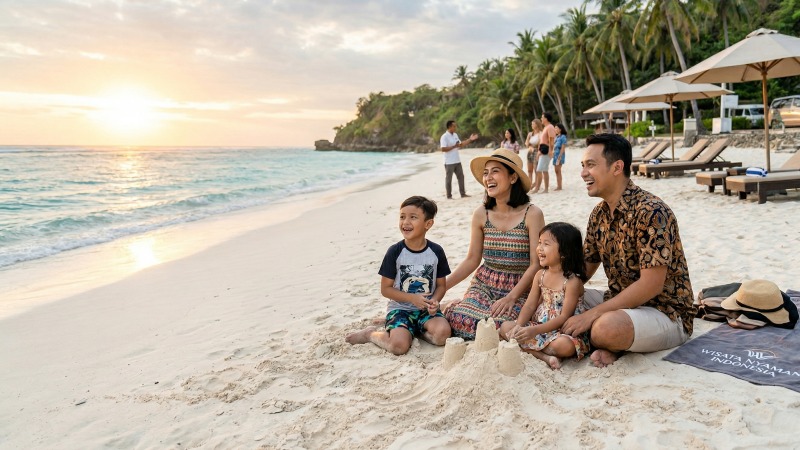 Sebuah keluarga Indonesia bahagia sedang menikmati liburan santai di pantai yang indah menggunakan paket wisata nyaman.