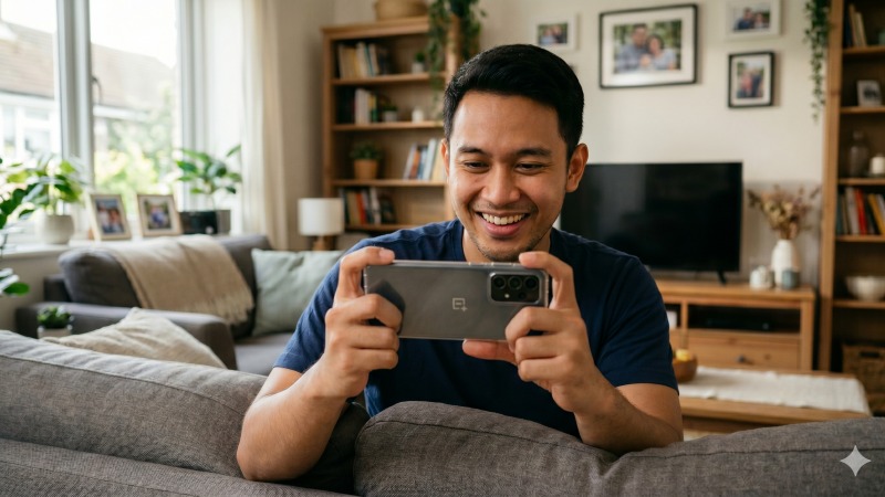 Pria muda menikmati tayangan film premium melalui smartphone setelah mengaktifkan paket berlangganan.