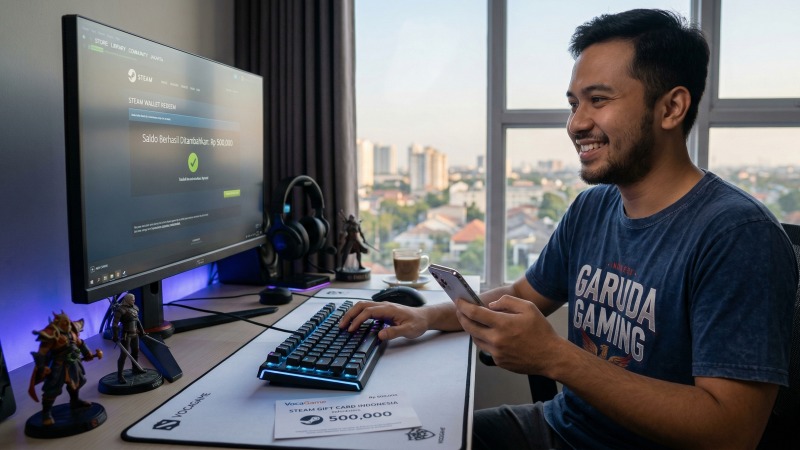 Gamer PC pria asal Indonesia tersenyum puas setelah berhasil melakukan top up Steam terpercaya untuk membeli game favoritnya