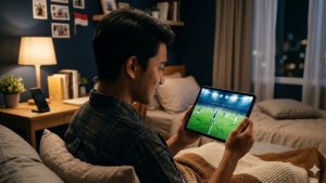 Seorang pemuda sedang fokus melihat tayangan siaran langsung olahraga melalui perangkat gadget