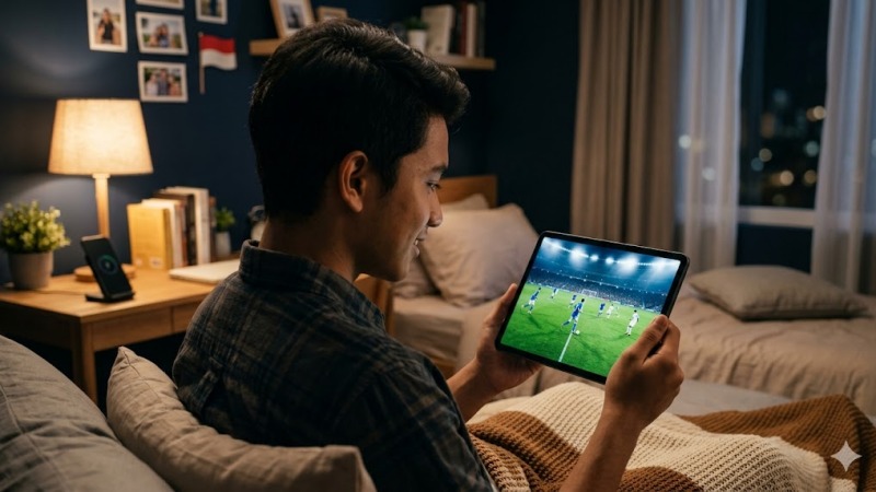 Seorang pemuda sedang fokus melihat tayangan siaran langsung olahraga melalui perangkat gadget