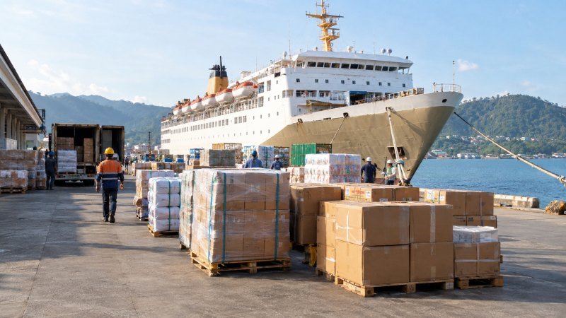 Barang cargo siap dikirim melalui kapal antarpulau di area pelabuhan.