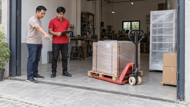 Ilustrasi persiapan pengiriman peralatan usaha ke Garut dengan dua pria memeriksa area bongkar, peti, dan hand pallet